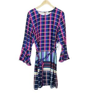 Eloquii Womens Dress 14 Blue Pink Plaid Colorful Belt Neck Bell Sleeve Picnic